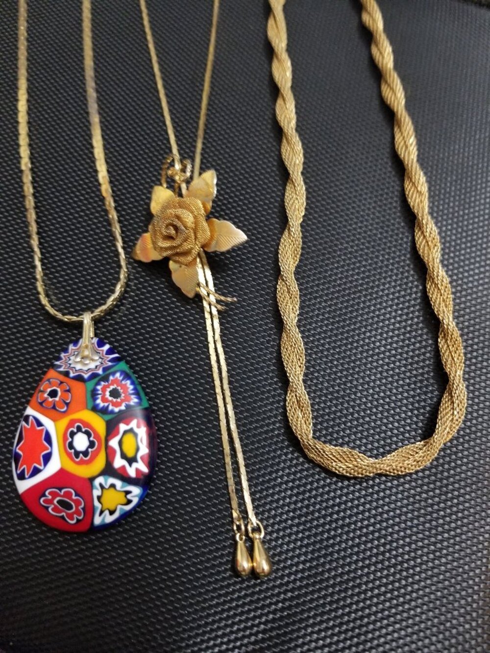 3 4 1: Rare: Vintage Murano Millefiori [Teardrop-Shaped] Glass-Pendant Necklace